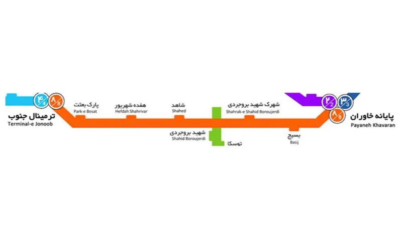 نقشه خط 8 اتوبوس تندرو تهران از خاوران تا پایانه جنوب
